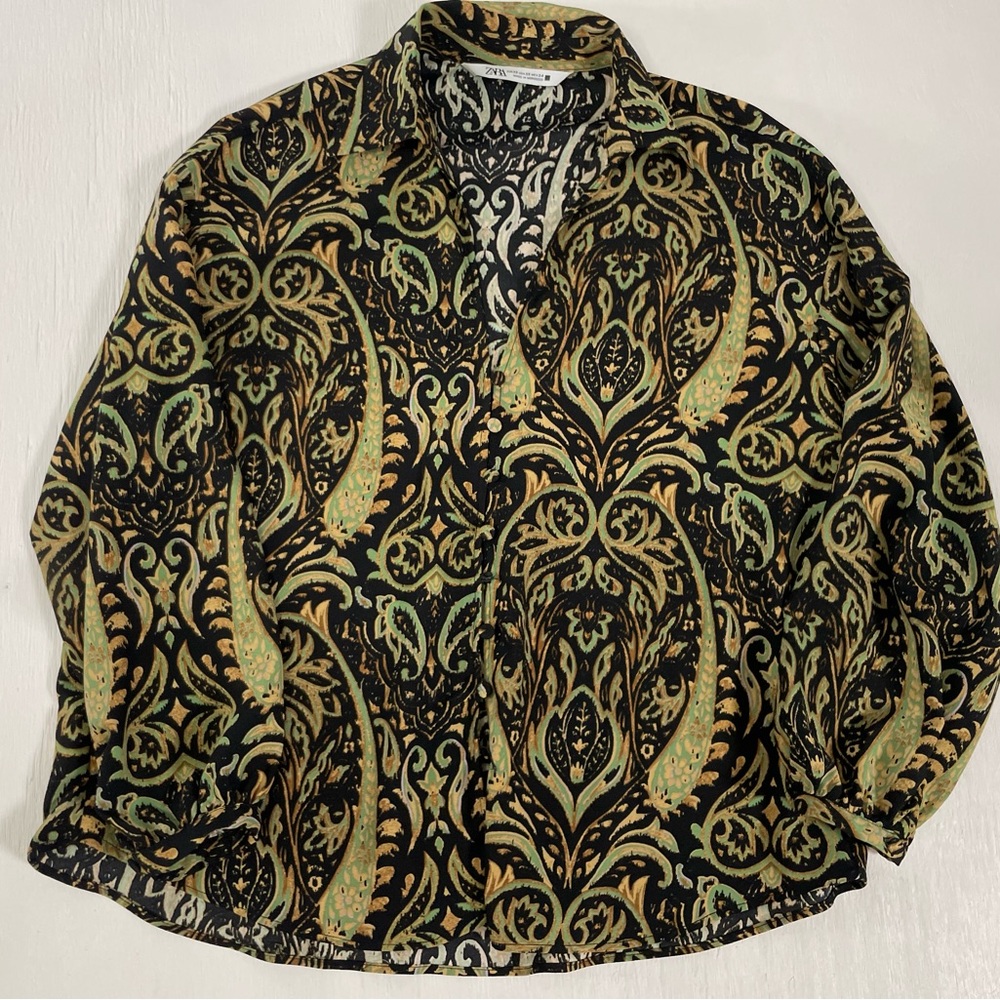 Zara Long Sleeve Blouse Green Gold Black Paisley‎ Print Women Size XS V Neck Top